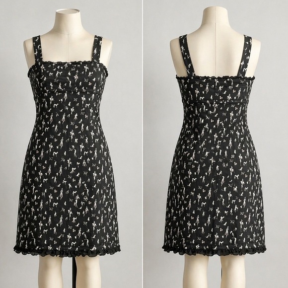 Spenser Jeremy Dresses & Skirts - Black Novelty Dog Walker Print Ruffle Trim Sheath Dress Sleeveless Square‎ Neck